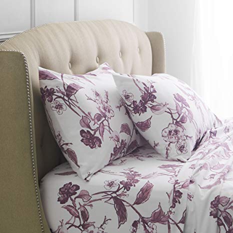 Pinzon Signature 190-Gram 100% Cotton Heavyweight Velvet Flannel Bed Sheet Set, King, Floral Amethyst