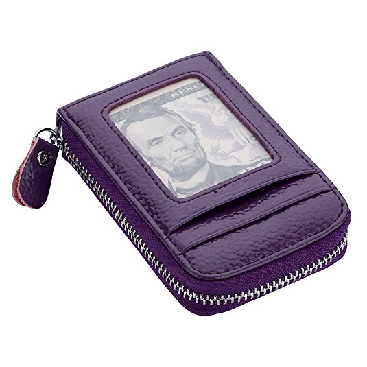 RFID Blocking Genuine Leather Mini Credit Card Holder Wallet with ID Window