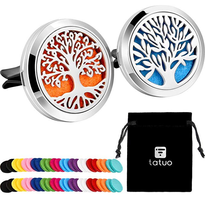 2 Pieces 316L Stainless Steel Car Aromatherapy Essential Oil Diffuser Air Freshener Vent Clip Locket with 48 Pieces Replacement Felt Pad (Tree Patterns-Silvery)