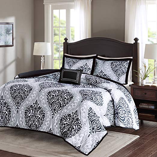 Comfort Spaces - Coco Twin Comforter Set - 3 Piece - Black and White - Printed Damask Pattern - Twin/Twin XL Size, Includes 1 Twin Size Comforter, 1 Shams, 1 Decorative Pillow