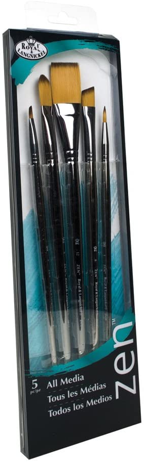 Royal & Langnickel, Zen Series 43, Set of 5 Brushes, Long Handle, Synthetic Filament, Flat 12, Filbert 8, Angulars 2 & 8, Round 1, RZEN-SET431