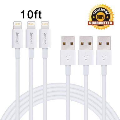 Sunnest 3 Pack 10 FT Extra Long 8 Pin Lightning to USB Data Cable Sync and Charging Cord Wire for iPhone SE,6s plus, 6s, 6 plus, 6, 5s, 5c, 5, iPad Air, iPad Mini, iPod Touch(White)