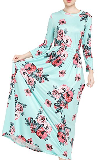 Kangwoo Women's Boho Floral Maxi 3/4 Sleeves Empire Waist Dress S-XXL
