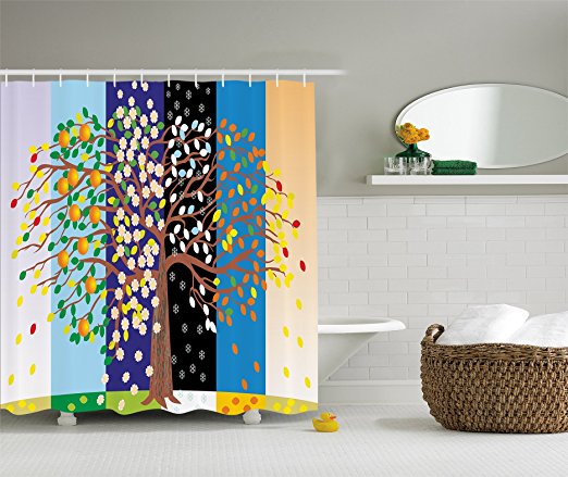 Ambesonne Modern Artsy Country Home Bathroom Decor Collection, Colorful Tree of Life in Four Seasons Spring Summer Fall Winter, Polyester Fabric Bathroom Shower Curtain Set with Hooks