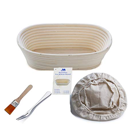 Banneton Proofing Basket 10" Oval Banneton Brotform for Bread and 750g Dough [Free Brush] Proofing Rising Rattan Bowl   Free Liner   Free Bread Fork