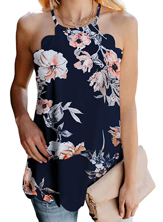 HOTAPEI Women High Neck Chiffon Floral Tank Tops Blouses Casual Sleeveless Shirt