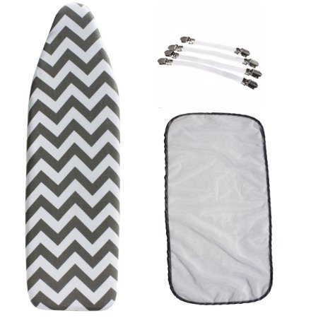 Ironing Board Cover Bundle 3 Items: 1 U.S. Standard Size, Extra Thick Felt Pad, Heat Resistant, and Scorch Resistant Cover Chevron Style, 4 Fasteners and 1 Large Protective Scorch Mesh Cloth
