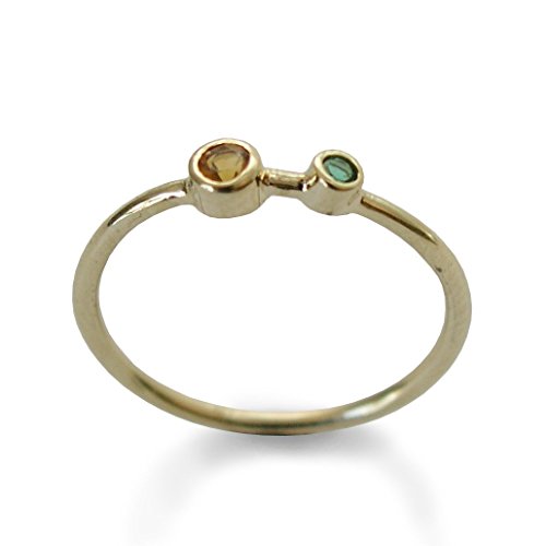 Tiny Citrine and Green Quartz ring, Minimalist Engagement Ring, Thin stacking Band, 14k gold ring, round gemstone ring, November Birthstone ring, multistone gold ring