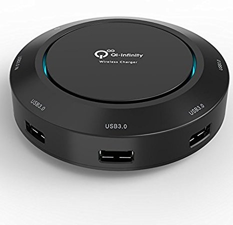 Qi-infinity™ Multi-purpose Qi Wireless Charger with 4 Ports USB 3.0 5Gbps HUB (1 Port supports 5V, 2.1A for tablets) for Samsung S6, S6 Edge, S5, S4, Note 4, Iphone 6, 6 , 5s, 5c, 5, Nexus and Nokia