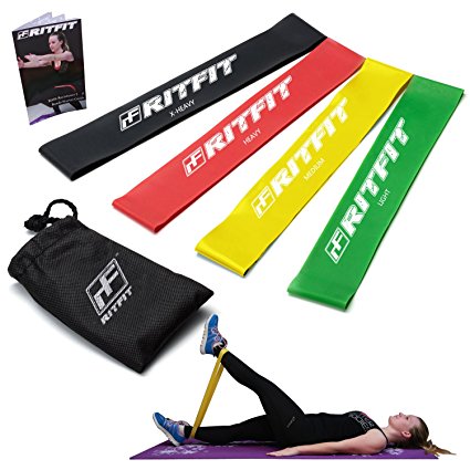 Ritfit Resistance Loop Bands - Set of 4 Fitness Exercise Bands for Fitness Workouts - Stretching and Physical Therapy - PLUS Free Exercise Book, Video & Carrying Bag - 100% Lifetime Money Back Guarantee !!!