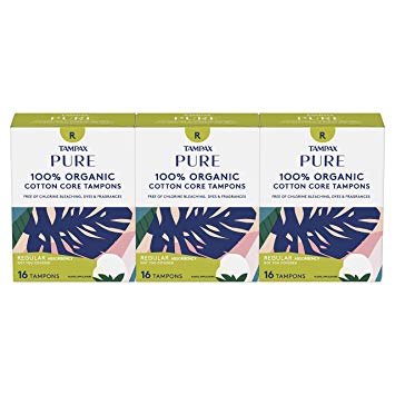 Tampax Pure Organic Tampons, Cotton & Chlorine-Free, Regular Absorbency, Unscented, 16 Count - Pack of 3 (48 Count Total)