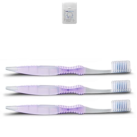 Sofresh Flossing Toothbrush - Adult Size Soft | You Choose Color and Quantity (3, Purple) | Bundle with (1) WELdental Mint Xylitol Dental Floss Travel Size
