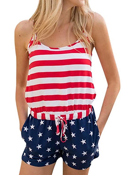 LAMOSKY Women's Patriotic American Flag Romper Stars Stripes Print Lace-up Playsuit Summer Short Jumpsuit