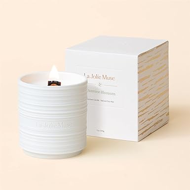 LA JOLIE MUSE Jasmine Blossom Scented Candles, Candles Gifts for Women, Wood Wicked Candles for Home Scented, Natural Soy Candles, 50 Hours Burning, 7 oz