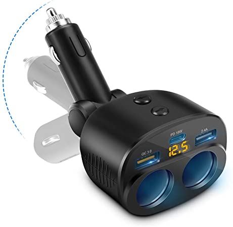 2-Socket Cigarette Lighter Splitter Dual USB Ports QC 3.0 Fast Car Charger Adapter with 18W PD Type C Port 120W 12V/24V Multi Power Outlet On/Off Switches LED Voltage for Phone Pad Samsung GPS.