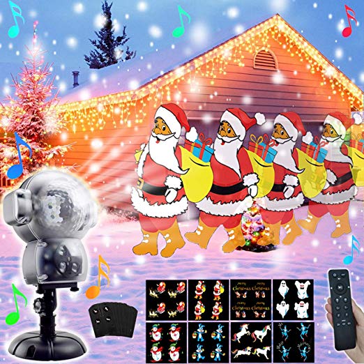 AIDERLY Halloween Christmas Music 8 Patterns Snow Projector LED Lights Indoor Outdoor Animated Rotating Snowfall Light with Remote for Landscape Xmas Decorations Stage Holiday Wedding Birthday Party