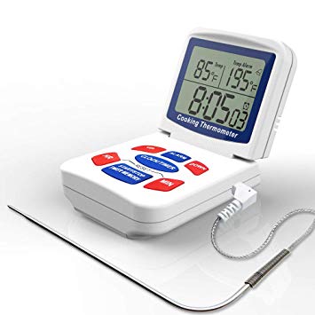 Digital Meat Cooking Thermometer With Timer Alarm - Large LCD, Clock,Timer Setting And Automatic Temperature Alert, Fahrenheit And Celsius Conversion for Cooking Smoker Kitchen Oven grilling and BBQ