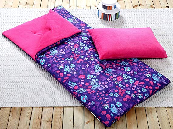 Sleeping Bag and Pillow Cover, Purple Pink Teal Floral Indoor Outdoor Camping Youth Girls