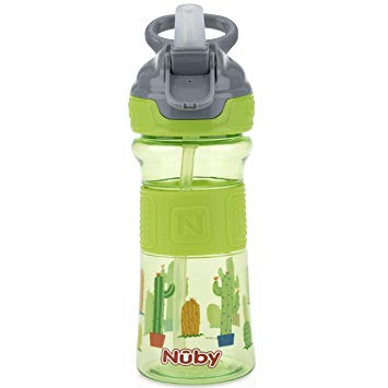 Nuby Thirsty Kids Push Button Flip-it Soft Spout on The Go Water Bottle with Easy Grip Band, Green Cactus, 12 Ounce