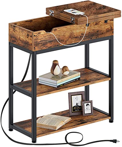 Rolanstar End Table with Power Outlet, Flip Top Side Table with 2-Tier Organizer Shelves, Industrial Narrow Sofa Side Table for Bedroom, Living Room, Rustic Brown