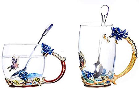 Bestbling Creative Decoration Enamel Flower Crystal Clear Glass Coffee Tea Water Milk Cup Mug 2 pieces in 1 Gift Box (Blue Rose)