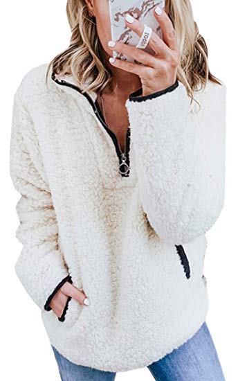 Angashion Fleece 1/4 Zip Up Fuzzy Sherpa Pullover Sweatshirt Fluffy Outerwear Coat for Women with Pockets