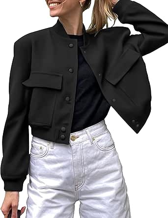 Zeagoo Women Bomber Jacket Casual Button Down Varsity Jackets Shackets With Pockets Outwear