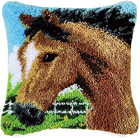 MLADEN Latch Hook Kit Pillow Cover DIY Crochet Yarn Kits Hooking Pillow Cover for Adults and Kids 17" X 17" (Horse)