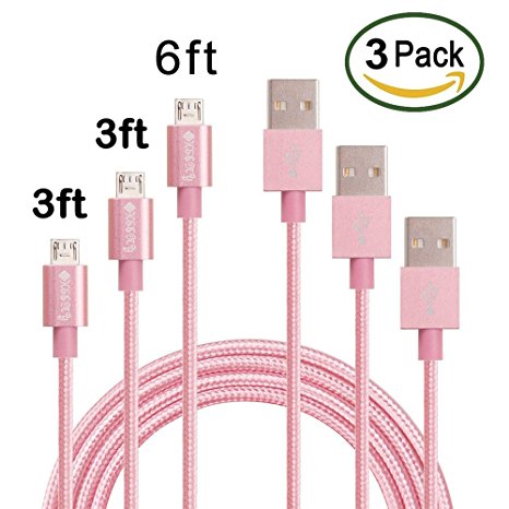 USB Cable, Gkeeny Micro USB Cable Cords 3 Pack 3FT 3FT 6FT Nylon Braided USB 2.0 A Male to Micro B Sync and Charging Cables for Android, Samsung, LG, HTC, Motorola, Nokia, and More (Pink)