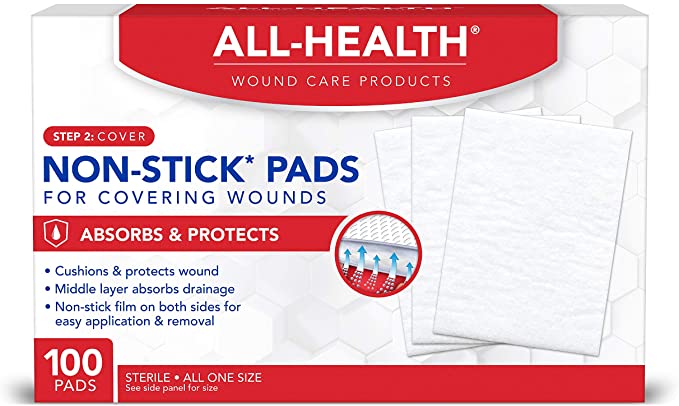 All Health Non Stick Pads, 2 in x 3 in, 100 Pads | for Covering Wounds, Helps Prevent Infection