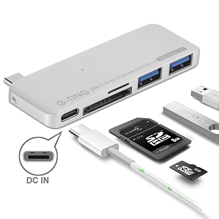 G-TING MacBook USB Type C Hub USB C 3.0 Multi-Ports Adapter with PD Charging Port & Data Transfer SD & Micro SD Memory Port Card Reader Combo Hub for MacBook 2015,2016, Google Chromebook