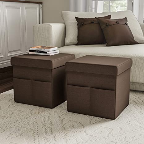 Lavish Home 80-FOTT-2 Foldable Storage Cube Ottoman with Pockets – Multipurpose Footrest Organizer for Bedroom, Living Room, Dorm or RV (Pair, Linen Brown),