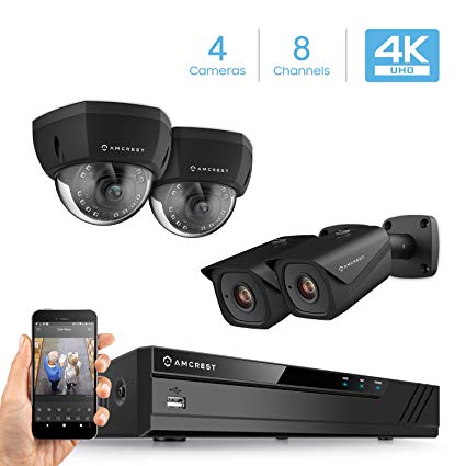 Amcrest 4K 8CH Security Camera System w/H.265 4K (8MP) NVR, (4) x 4K (8-Megapixel) IP67 Weatherproof Metal Bullet & Dome POE IP Cameras (3840x2160), 2.8mm Wide Angle Lens, 98ft Nightvision (Black)