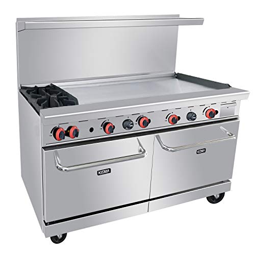 Heavy Duty 60’’ Gas 2 Burner Range With 48’’ Griddle and Standard Oven - Kitma Natural Gas Cooking Performance Group for Kitchen Restaurant, 206,000 BTU