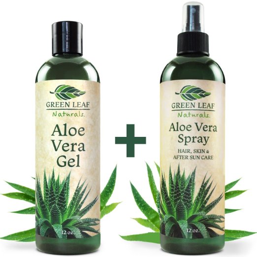 Green Leaf Naturals Organic Aloe Vera Gel + Spray for Skin, Hair, Face, After Sun Care and Sunburn Relief - 99.8% Organic - 100% Pure and Natural Skin Care Moisturizer - 2-Pack Set - 12 Ounce Bottles