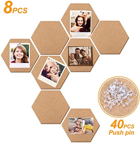 8 Pack Hexagon Cork Boards, Allnice Self-Adhesive DIY Notice Cork Board with 40 Pcs Pins, Multi-Functional Application Message Board for Hanging Pictures, Photo at Home and Office