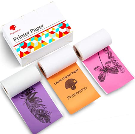 Phomemo Colorful Thermal Sticker Paper for Phomemo M02/M02 Pro/M02S/M03 Mini Printer, Black Character on Purpple/Rose/Orange, 50mm x 3.5m, Diameter 30mm, 3 Rolls