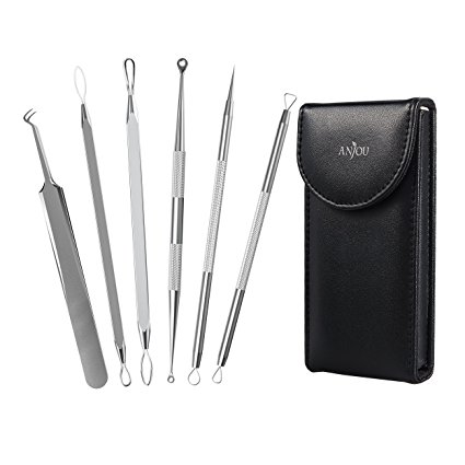 Anjou Blackhead Remover Kit Tool 6-in-1 Curved Tweezers Comedone Extractor Pimple Acne Whitehead Removal Antibacterial with Ergonomic Design