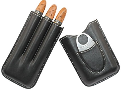 AMANCY 3 Holders Genuine Leather Cigar Case with Silver Stainless Steel Cutter