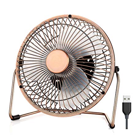 EasyAcc 5 inch USB Desk Fan, Low Noise Personal Table Mini Desk Metal Cooling Fan USB Powered Only Upgraded 2 Speeds 360° Rotation Floor Fans Enhance Airflow for Home Dorm Office Library Table-Bronze