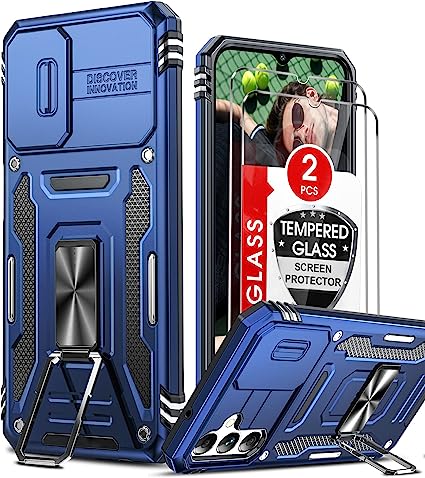 LeYi Samsung A14 5G Case, A14 5G Case with 2 Pack Screen Protectors, Heavy Duty Shockproof Armor Case with Slide Camera Cover & Upgrade Magnetic 360°Rotatable Ring Kickstand Samsung A14 5G, Dark Blue