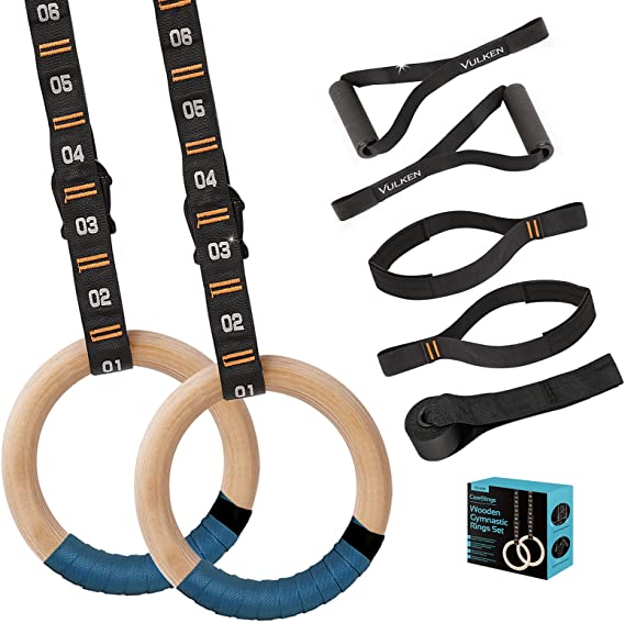 Vulken Wooden Gymnastic Rings with Adjustable Numbered Straps. 1.25'' Olympic Rings for Core Workout, Crossfit, and Bodyweight Training. Home Gym Rings with 8.5ft Exercise Straps and Workout Handles.Blue