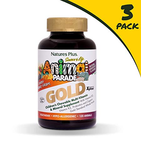 Natures Plus Animal Parade Source of Life Gold Childrens Multivitamin (3 Pack) - Assorted Cherry, Orange & Grape Flavors - 180 Chewable Animal Shaped Tablets - Organic, Gluten Free - 180 Servings