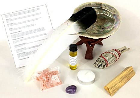 Large Abalone Smudge Kit Gift Set, Wood Stand, Sage, Palo Santo, Amethyst - 10 Items
