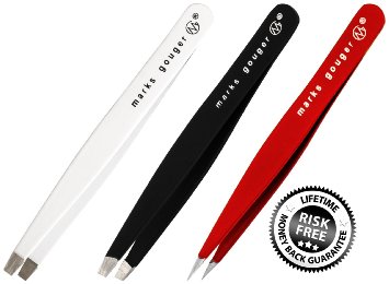 Daily Beauty Control Tweezers Set Of Three - Black Slanted, White Straight and Red Pointed with case - Best Precision for Eyebrow Threading, Ingrown Hair Treatment, Splinters & other Grooming Rituals