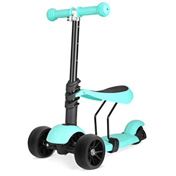 Bamny 3-in-1 Kids Kick Scooter, Adjustable 3 Wheels Kick Scooter with Removable & Adjustable Seat, LED Light up Wheels for Boys Girls Age 2-6 (Topa Green)