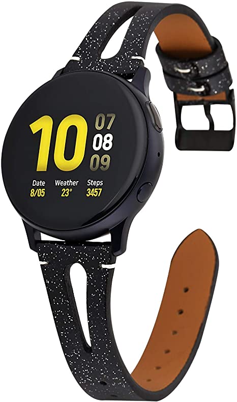 Greaciary Glitter Leather Band Replacement for Samsung Galaxy Watch Active 2 44mm/40mm Galaxy Watch 42mm Band, Women Soft Slim Leather Strap Compitable with Galaxy Watch Black