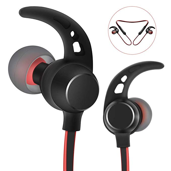 Artiste Sports Earphones Earbuds with Magnet Mic,Anti-Jam V4.1 Heavy Bass,6Hours Play Time,Sweatproof Exercise Earphones for Wireless Devices-Red/Black(Android/iOS)