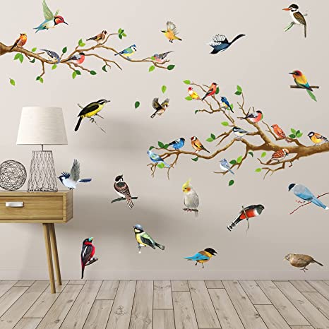 2 Pieces White Peach Blossm Flowers Black Tree Branch Flying Birds Wall Stickers Removable DIY Wall Art Decor Decals Murals for Kids Girls Nursery Bedroom Living Room (Lovely Style)