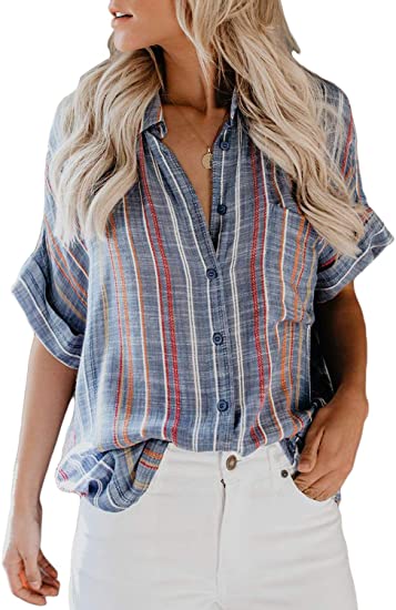 HOTAPEI Womens Casual V Neck Striped Cuffed Sleeve Button Down Collar Blouses Shirts